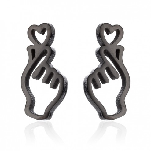 Mini Arete de Boton en Forma de Mano y Corazon Negro